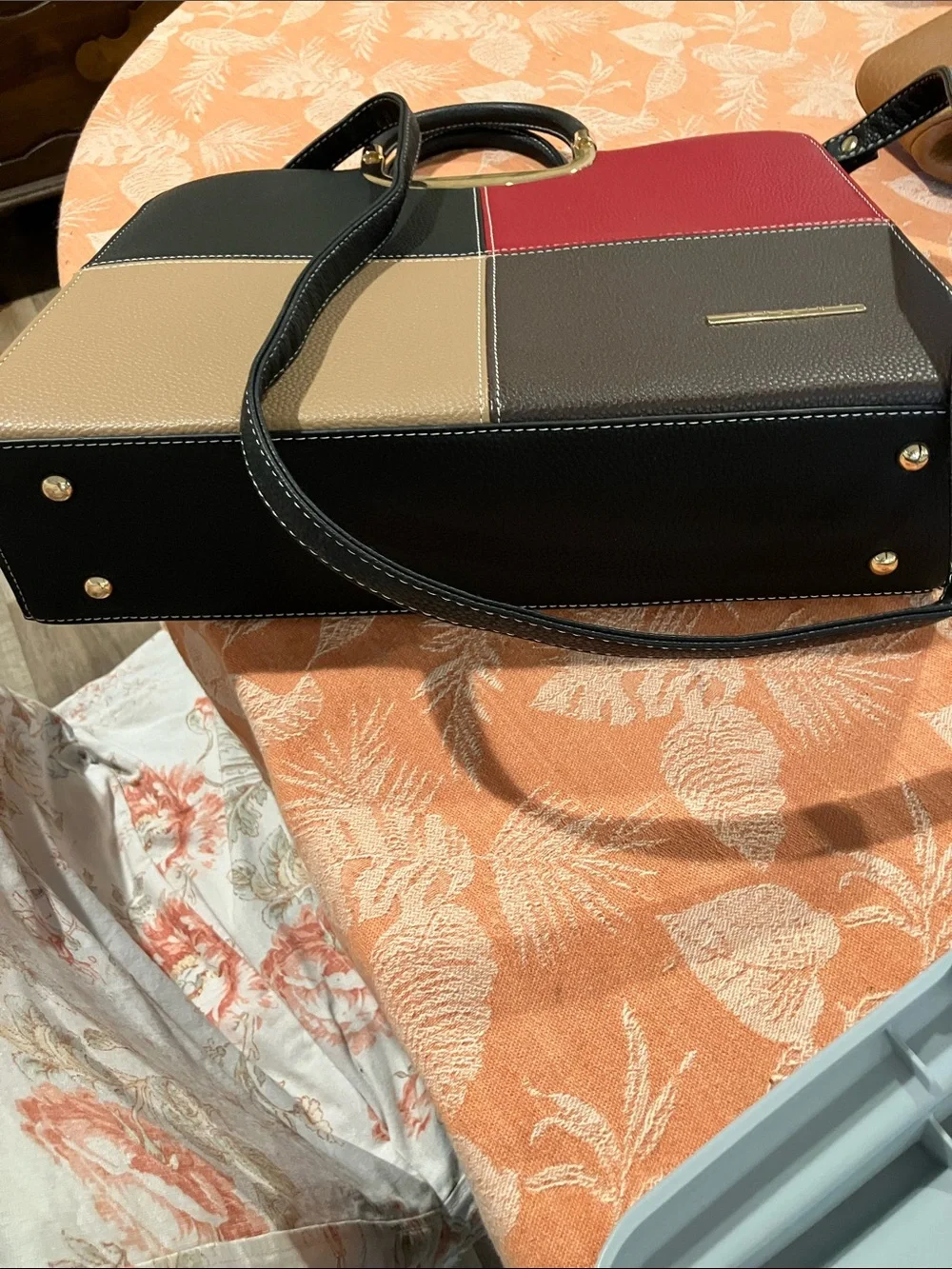 Colorblock Satchel with Top Handle and Detachable Strap - Black, Red, Tan, Brown